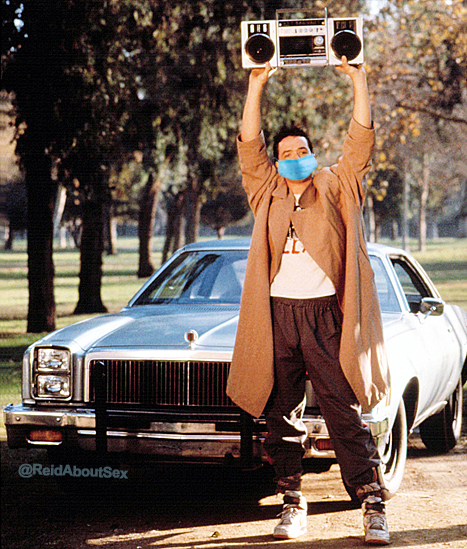 Iconic image above of John Cusak from 1989's Say Anything with him holding a boombox above his head, updated to COVID pandemic times by a light-blue surgical mask photoshopped over his face