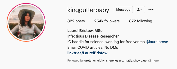 Screen capture of KingGutterBaby's Instagram profile header (A.K.A. Laurel Bristow, MSc's account)