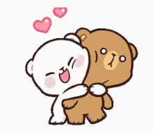 GIF of a happy-in-love white, anime bear hugging a brown anime bear too hard and too long. As the brown bear struggles, the white bear squeals in joy as pink hearts floating upwards.