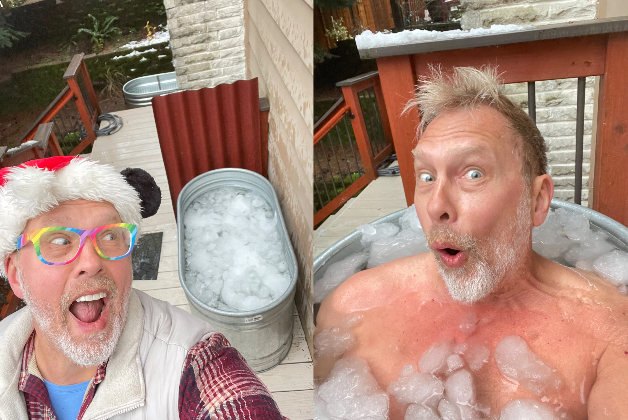 Side by side photos of Reid about to get into a tub filled with snow and water, and then Reid making a happy, shocked face sitting in the ice-cold snow and water