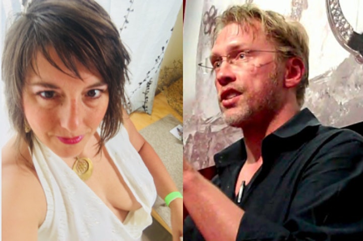 Side by side headshots of Misha Bonaventura, a white woman with chestnut hair wearing a white, lowcut dress, and Reid Mihalko, a white, blonde man with blonde and grey stubble, eyeglasses and a black button down shirt