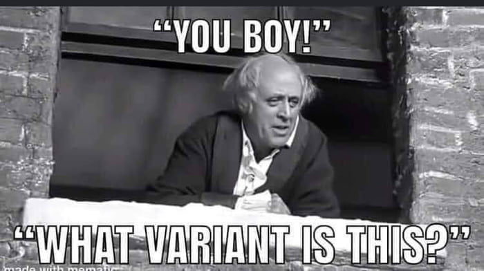 Meme from A Christmas Carol of "You boy! What variant is this?"