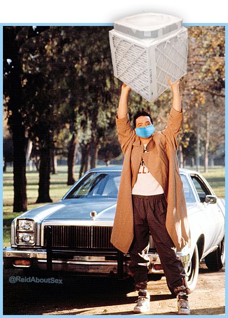 Iconic image of John Cusack from 1989's Say Anything movie photoshopped to add him holding a Corsi-Rosenthal air filtration box above his head, plus wearing a light-blue surgical mask photoshopped over his face