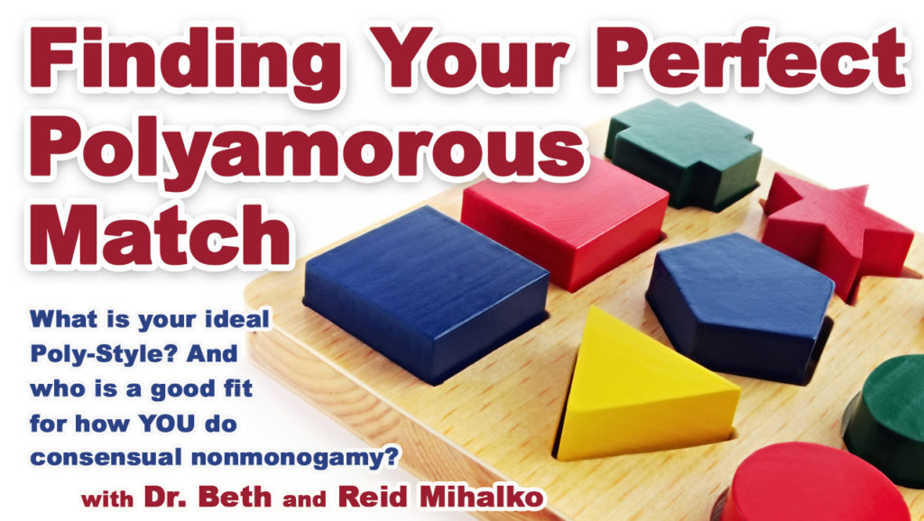 Promotional image featuring an picture of children's playing blocks in various shapes - squares, triangles, circles, pentagons, and stars - set into a peg board of cut-out similar shapes with the promotional block-letter text, "Finding Your Perfect POlyamorous Match. What is your ideal Poly-Style? And who is a good fit for how you do consensual non-monogamy? with Dr. Beth and Reid Mihalko"