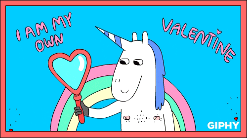 annimated unicorn "I am my own valentine" GIF