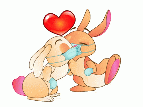 GIF of two animated rabbits wearing light blue covid masks and latex gloves kissing with a big read valentine's heart bubbling up when they kiss