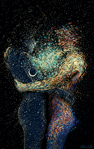 GIF of a couple hugging and radiating swirling currents of energy