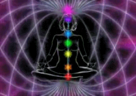 Anninmation of meditating woman radiating color and energy waves from her chakras GIF