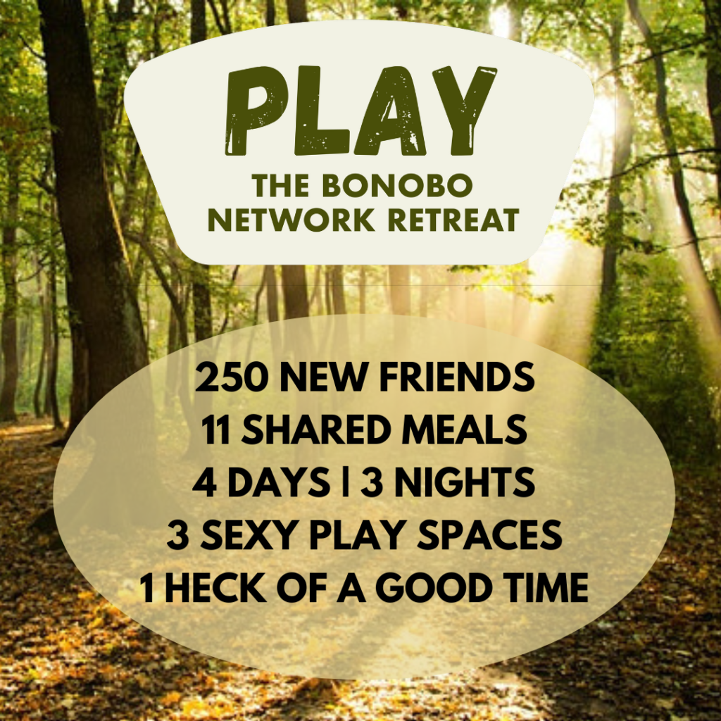 Image ID: peaceful, sunlit forest background image with the text, "PLAY, The Bonobo Network Retreat, 250 New Friends, 11 Shared Meals, 4 Days/3 Nights, 3 Sexy Play Spaces, 1 Heck of a Good Time"