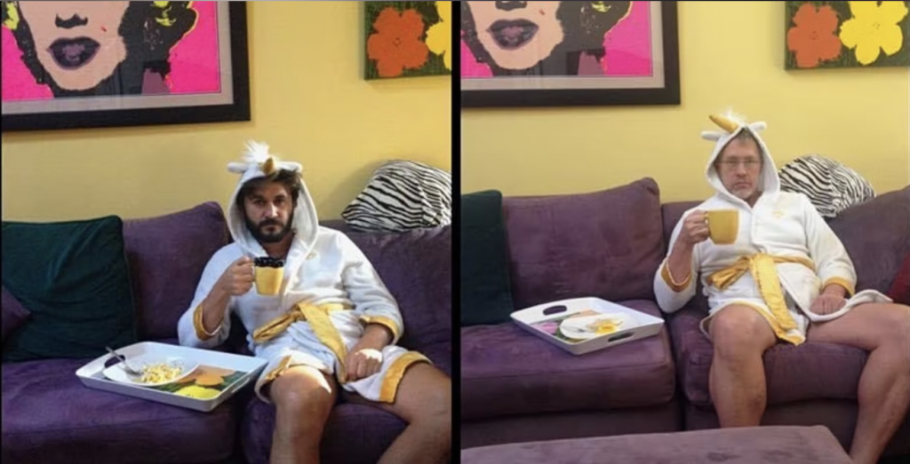 Side by side, nearly identical photos of two, deadpanned expressionless men sitting in the same pose on the same purble couch, holding the same yellow coffee mug, each wearing the same white unicorn bathrobe complete with yellow horn and yellow belt... The bathrobe shows each man's bare legs and thighs. One man is white with black beard and hair. The other man is white with blonde hair and grey stubble. Besides them both is a breakfast tray, each with scrambbled eggs.
