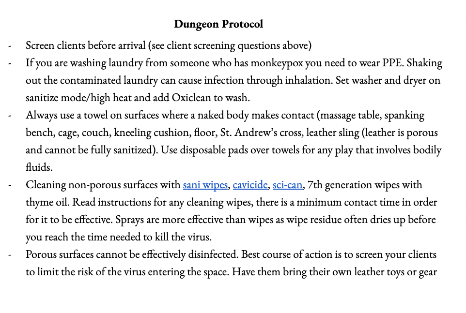 Screen shot of a Google Doc with text explaining Dungeon Protocols for Monkeypox