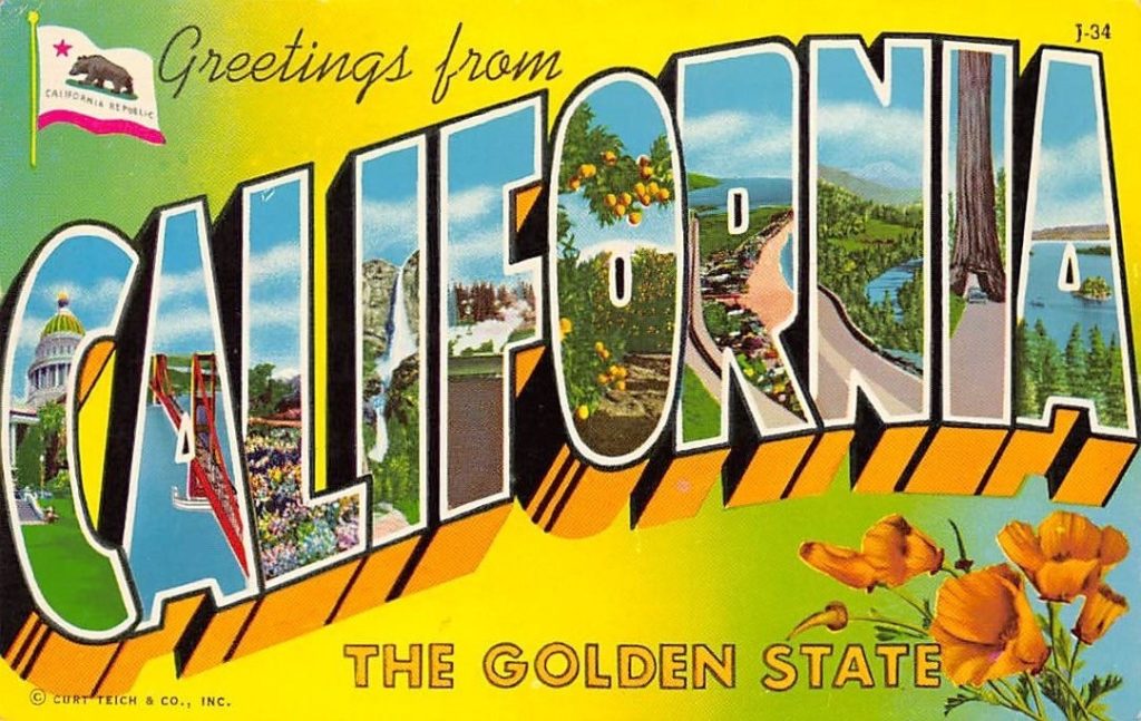 Postcard image with the words Greetings from California in a font that contains illustrations of the state inside the state name.