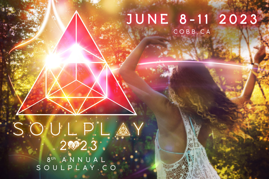 Image of the back of a long haired person in bikini and a loose lace top dancing in the forest with the Soul Play logo and words "Soul Play 2023" on the left side of the image. Also on top is written June 8-11 2023 Cobb, CA