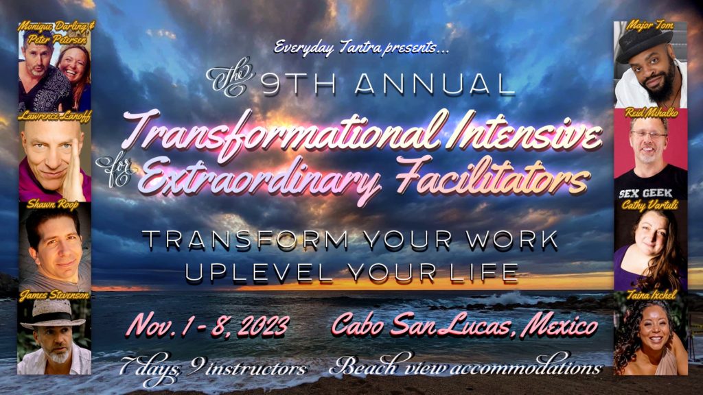 Flyer for the 9th annual Transformational Intensive for extraordinary facilitators. transform your work. Uplevel your life. November 1 - 8, 2023. Cabo San Lucas, Mexico. 7 day, 9 instructors. Beach view accommodations. The background for this text is a beach at sunset. Headshots of all 9 presenters are on the left and right sides of the flyer.