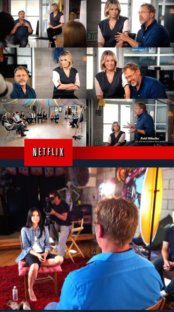 Long Image. Top half is a collage of Images of Reid sitting and teaching next to Chelsea Handler. Bottom half is a picture of Reid being interviewed by Lisa Ling. The Netflix Logo run across the halfway point of the long image. 