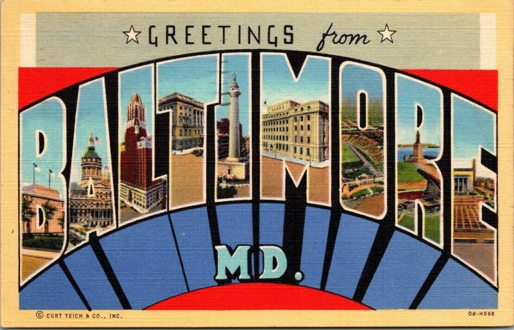 Postcard image with the words Greetings from Baltimore, MD in a font that contains illustrations of the city inside the letters of the city name