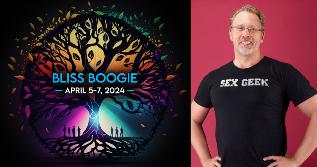 Event Banner for Bliss Boogie. Background is a tree of life style silhouette with everal people around it. One the right an image of Reid from waste up smiling warmly.
