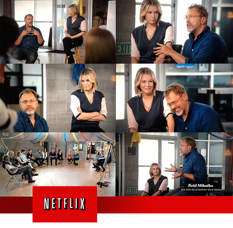 Montage of stills of Reid and Chelsea Handler Teaching together with the Netflix logo across the bottom.