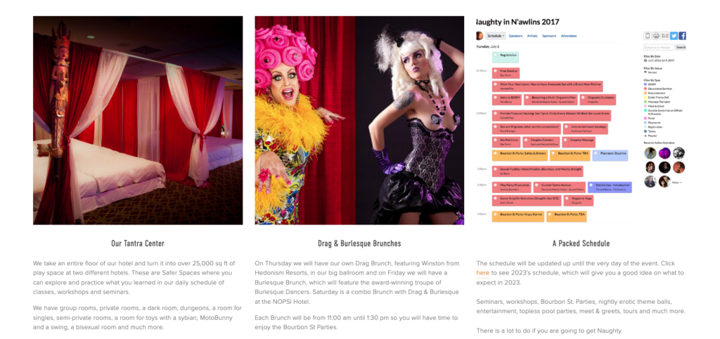 Screen shot of the Naughty N'awlins website home page bottom section.