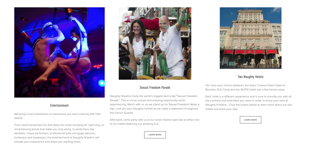 Screen shot of the Naughty N'awlins website home page middle section.