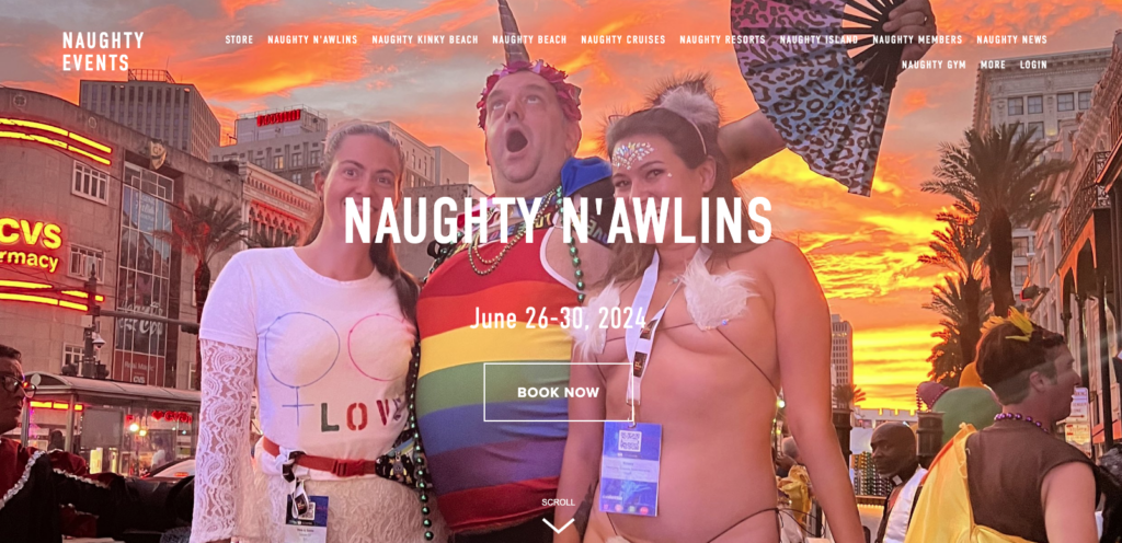 Screen shot of the Naughty N'awlins website home page top part.