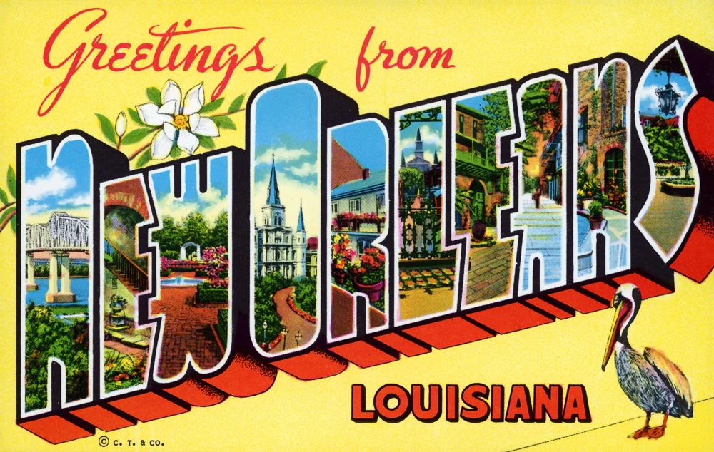 Classic Postcard image with the words Greetings from New Orleans, Louisiana in a font that contains illustrations of the city inside the letters of the city name