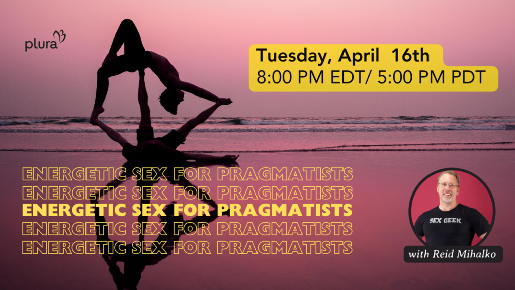 Event Banner for Energetic Sex for Pragmatists. Image of Reid on the bottom right side. The background is a silhouette of two people practicing acro-yoga on beach at sunset.