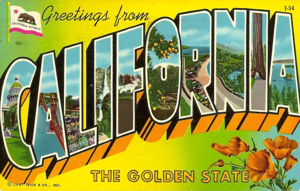 Classic Postcard image with the word California in a font that contains illustrations of site in the state inside the letters of the state name