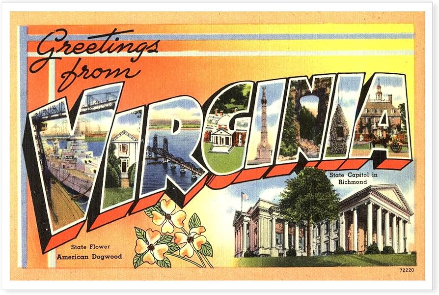 Classic Postcard image with the words Greetings from Virginia in a font that contains illustrations of sites in the state inside the letters of the state name