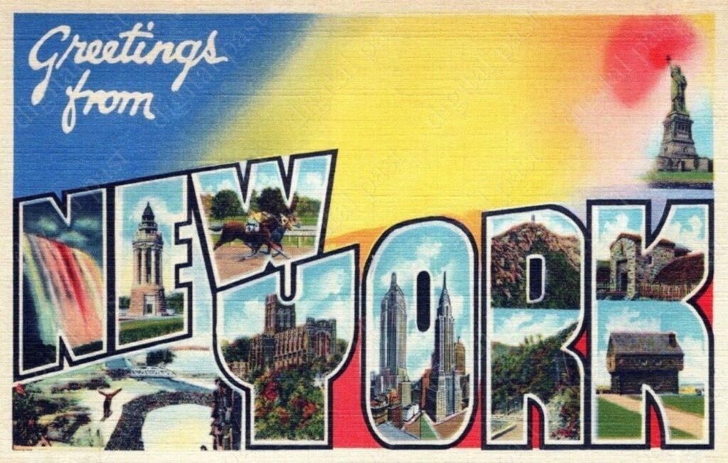 Classic Postcard image with the words Greetings from New York in a font that contains illustrations from around the state inside the letters of the state name.