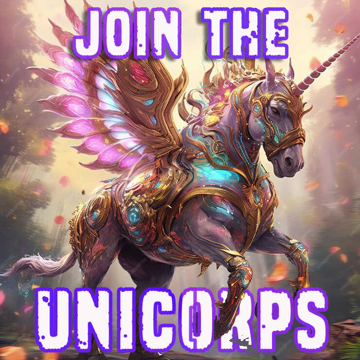 Image of a Unicorn with wings (Alicorn) in battle armour with the text, "Join the Unicorps"