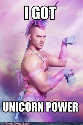 Unicorn Meme of a white man without a shirt, wearing pink ribbons and makeshift hooves, and a rainbow unicorn horn with the text, "I got unicorn power"