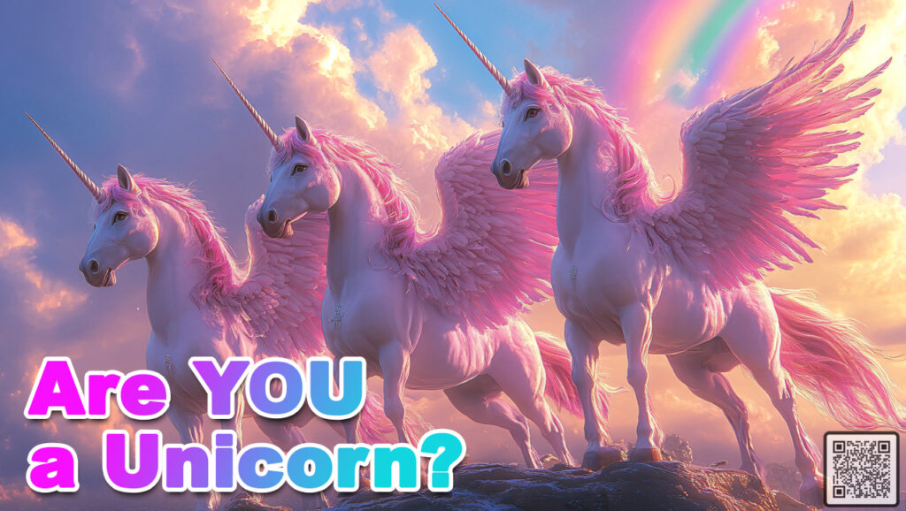 Three unicorn pegasuses (known as alicorns) with pink wings and manes and gold horns with a rainbow overhead as they look into the distance with the text, "Are you a unicorn?" in the bottom left corner