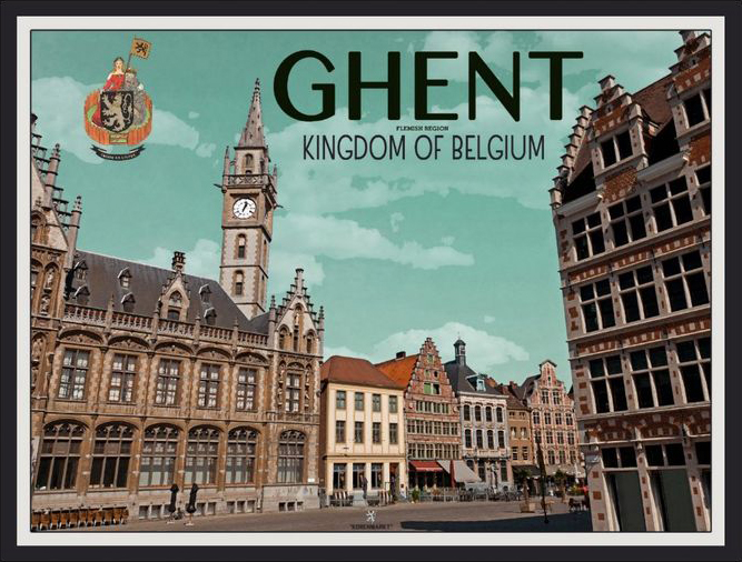Classic Postcard image with the words Ghent Kingdom of Belgium. The Background is an image of a city street with a large clock tower visible.