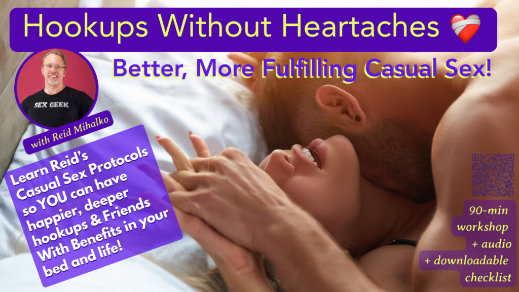 Promotional image for Reid's Hookups Without Heartaches workshop featuring a close up of the heads and shoulders of a hot couple in bed having passionate sex