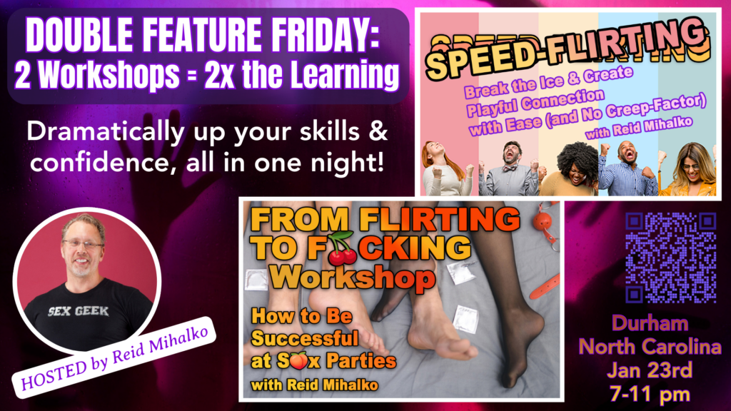 Event Banner for Double Feature Friday. Speed-Flighting and How to Be Successful at Play Parties.