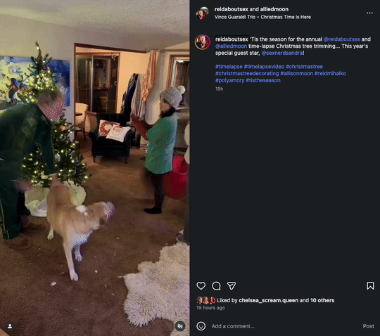 Timelapse Christmas tree decorating GIF with Reid, Allison, and Dax