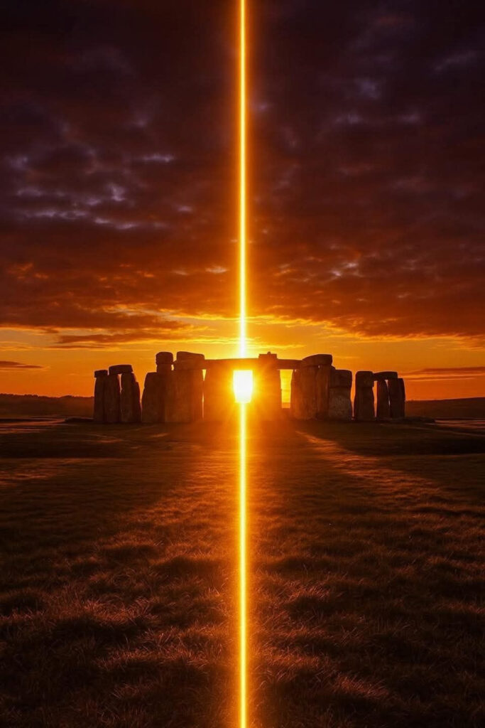 Stone Henge at sunset on the Solstice. The sun is exactly between the middle stones