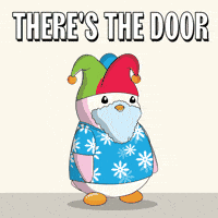 GIF. White penguin in a hawaii style shirt, jester cap, and fake beard pointing to the door. Text reads There's the Door
