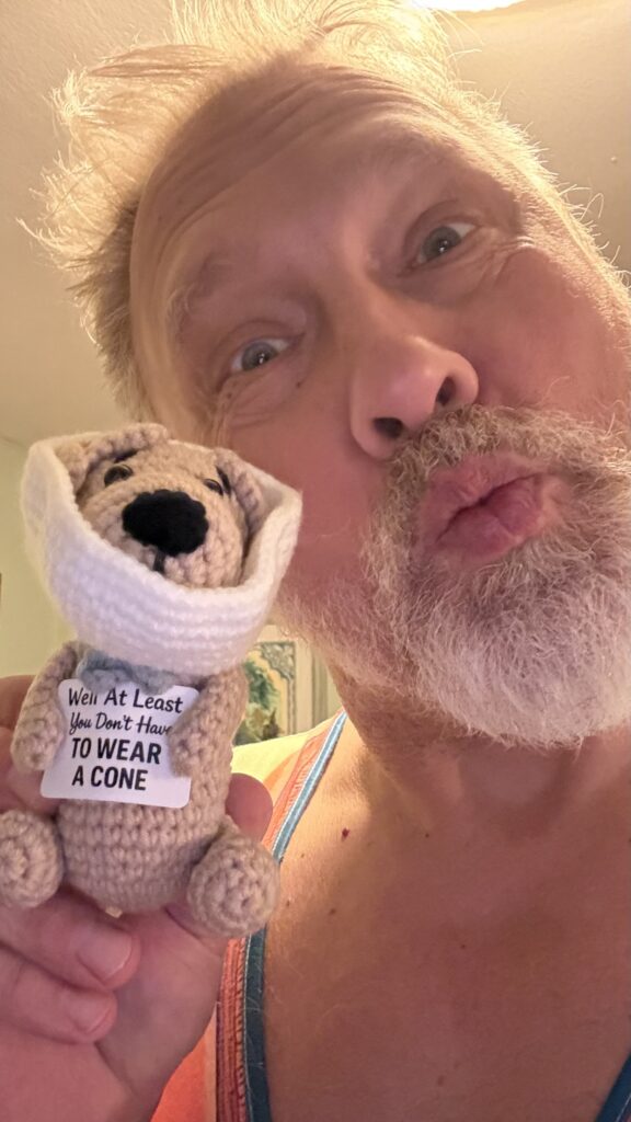 Reid holding a cute, hand-sized, "get well soon" knitted dog wearing a knitted surgery cone and holding a sign that says "Well at least you don't have to wear a cone"