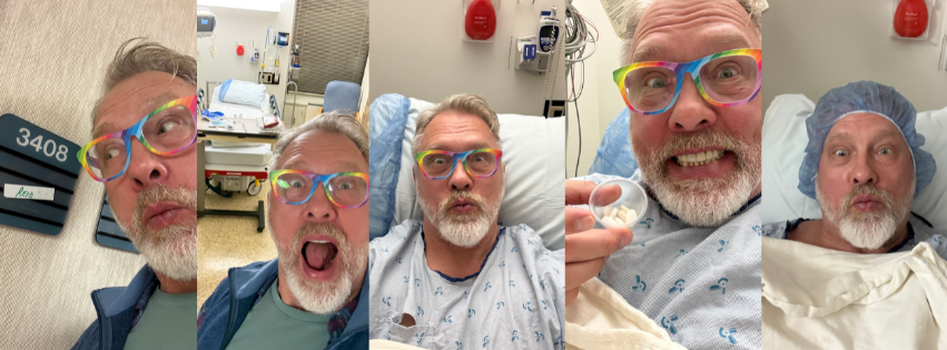Montage of pictures of Reid —mid-50s white, cis man, wearing rainbow glasses, with blonde hair and silver beard— inside a hospital getting ready for surgery