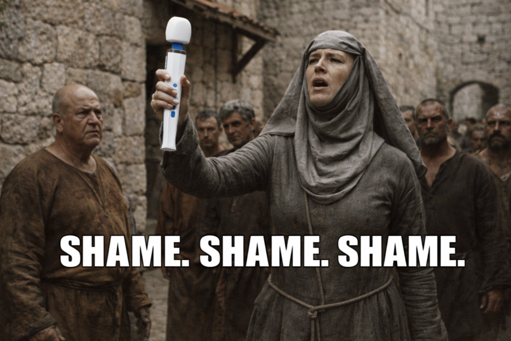 Game of Thrones parody of the Shame shame shame walk meme with the bell replaced by a Magic Wand vibrator