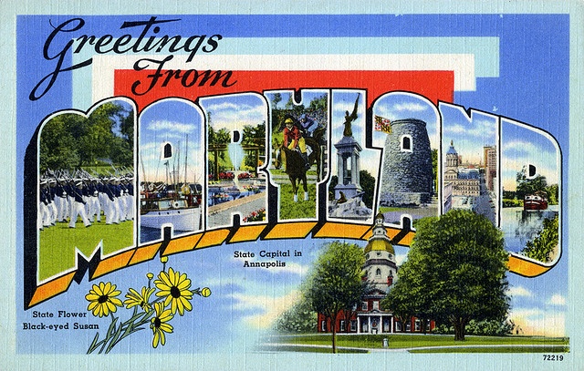 Classic Postcard image with the words Greetings from Maryland in a font that contains illustrations of sites in the state inside the letters of the state name