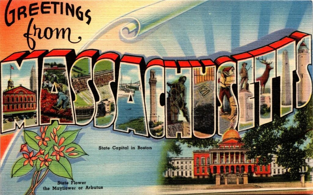 Classic Postcard image with the words Greetings from Massachusetts in a font that contains illustrations of sites in the state inside the letters of the state name