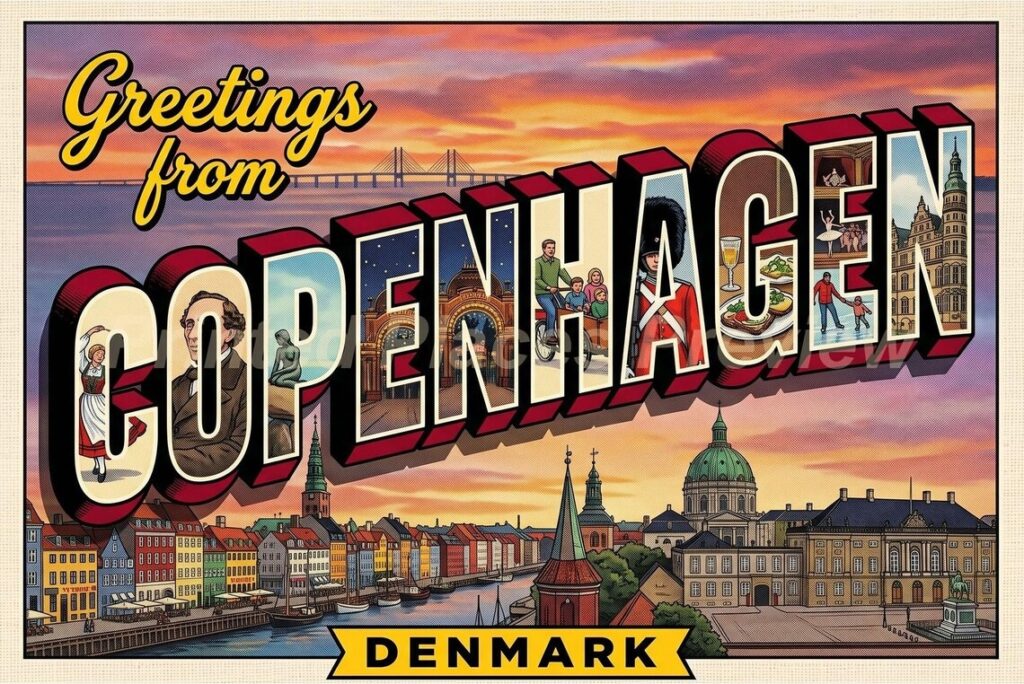 Classic Postcard image with the words Greetings from Copenhagen in a font that contains illustrations of famous sites and activities of Copenhagen inside the letters of the city name. An illustration of the famous river front is in the background.