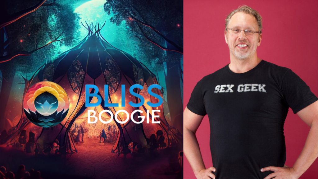 Event Banner for Bliss Boogie. On the right an image of Reid from waste up smiling warmly.