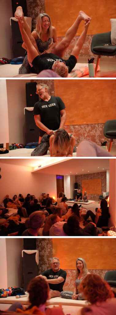 Montage series of photos of Reid Mihalko and Rachel Rickards teaching live sex educational demonstrations in front of a live audience
