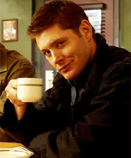 GIF Supernatural lead drinking coffee and winking