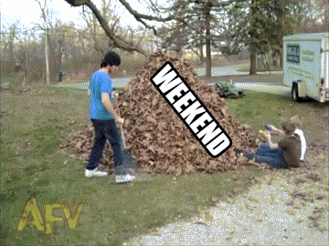 GIF of a man in a blue shirt racking leaves into a huge pile of leaves, when suddenly another man swings in from the left side and slams into the pile sending leaves everywhere. The first man slams his rake down in frustration. The pile of leaves has the word "weekend" over it. The man swinging on the rope has the word "Monday" near him.