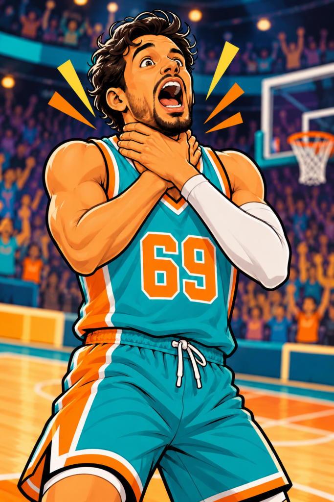 AI created image of a comic book style illustration of a basketball player making a choking gesture with his hands around his neck in shock 